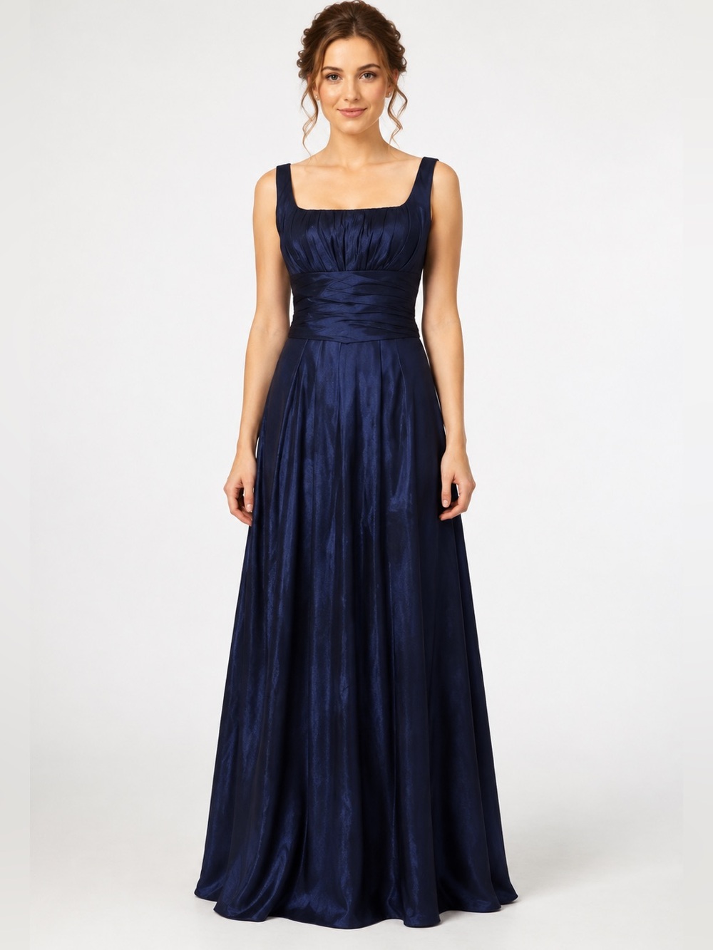 ✅🌹 David’s Bridal Navy Blue Square Neck Deep V-Back Formal Gown.